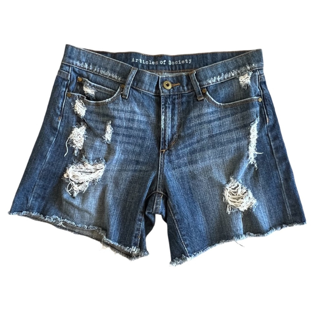 Articles of Society Jean Shorts Mid Rise Distressed Raw Hem Bermuda